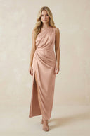 One - Shoulder Satin Ruched Sheath Bridesmaid Dress in Champagne Rose - KissProm Bridesmaid Dresses