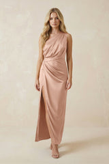One - Shoulder Satin Ruched Sheath Bridesmaid Dress in Champagne Rose - KissProm Bridesmaid Dresses