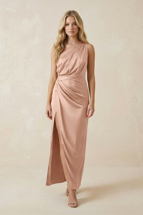 One - Shoulder Satin Ruched Sheath Bridesmaid Dress in Champagne Rose - KissProm Bridesmaid Dresses