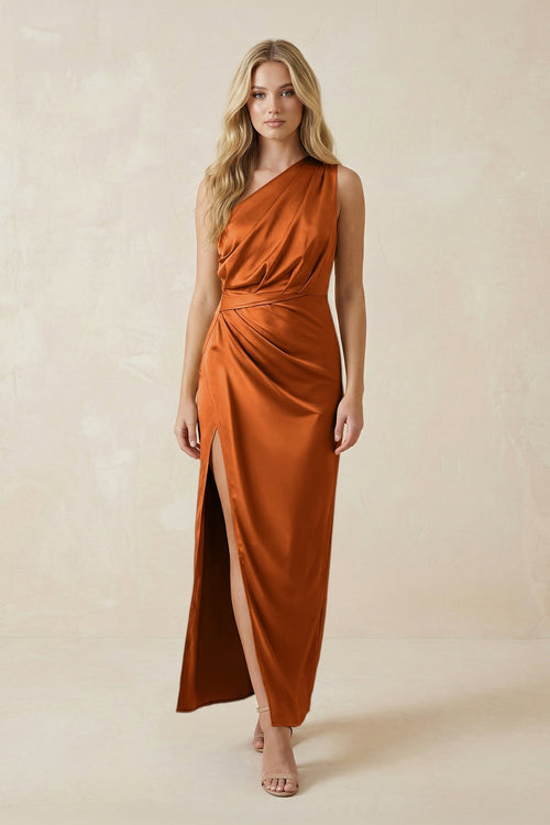 One - Shoulder Satin Ruched Sheath Bridesmaid Dress in Cinnamon - KissProm Bridesmaid Dresses