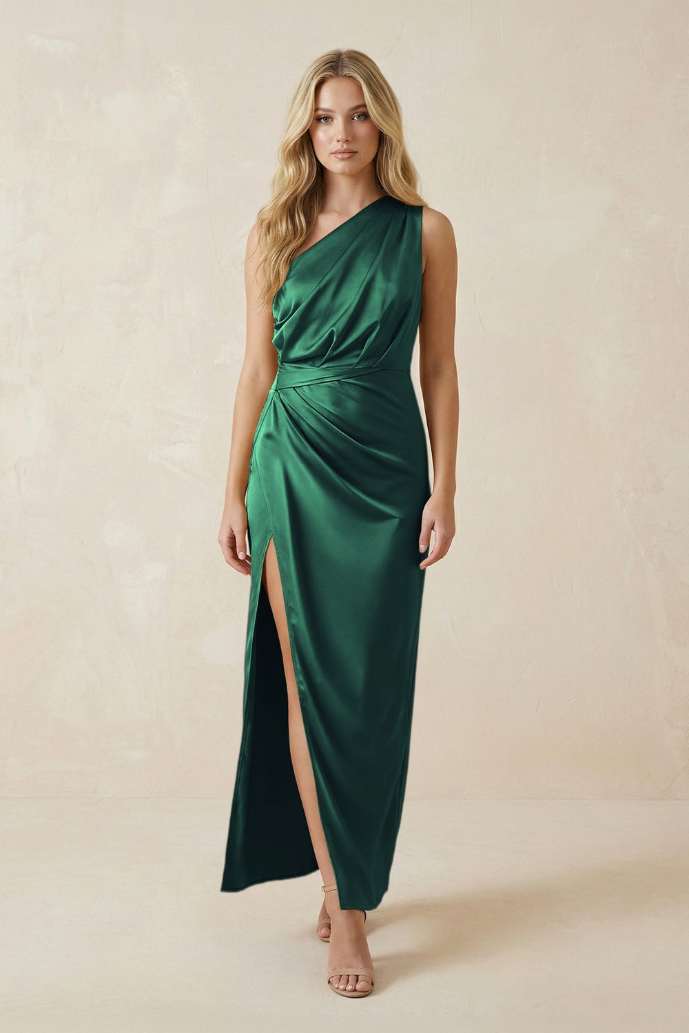 One - Shoulder Satin Ruched Sheath Bridesmaid Dress in Dark Green - KissProm Bridesmaid Dresses