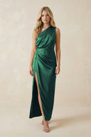 One - Shoulder Satin Ruched Sheath Bridesmaid Dress in Dark Green - KissProm Bridesmaid Dresses