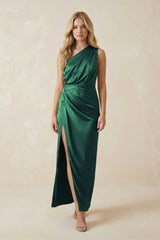 One - Shoulder Satin Ruched Sheath Bridesmaid Dress in Dark Green - KissProm Bridesmaid Dresses