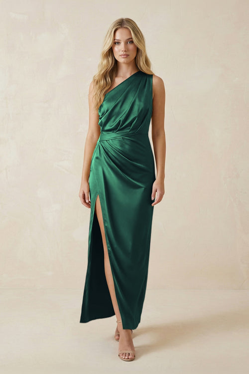 One - Shoulder Satin Ruched Sheath Bridesmaid Dress in Dark Green - KissProm Bridesmaid Dresses