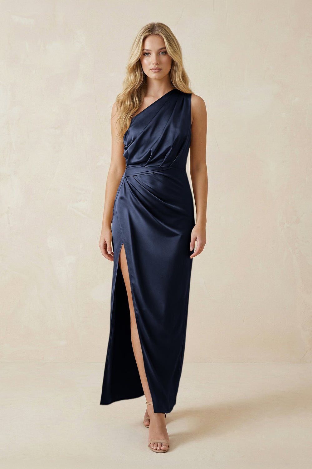 One - Shoulder Satin Ruched Sheath Bridesmaid Dress in Dark Navy - KissProm Bridesmaid Dresses