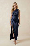 One - Shoulder Satin Ruched Sheath Bridesmaid Dress in Dark Navy - KissProm Bridesmaid Dresses