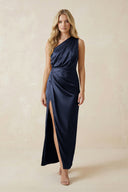 One - Shoulder Satin Ruched Sheath Bridesmaid Dress in Dark Navy - KissProm Bridesmaid Dresses