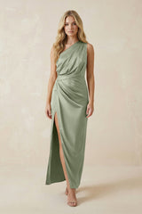 One - Shoulder Satin Ruched Sheath Bridesmaid Dress in Dove Gray - KissProm Bridesmaid Dresses
