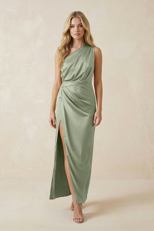 One - Shoulder Satin Ruched Sheath Bridesmaid Dress in Dove Gray - KissProm Bridesmaid Dresses