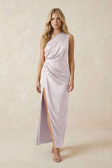 One - Shoulder Satin Ruched Sheath Bridesmaid Dress in Dusk - KissProm Bridesmaid Dresses