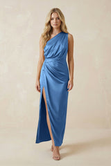 One - Shoulder Satin Ruched Sheath Bridesmaid Dress in Dusty Blue - KissProm Bridesmaid Dresses