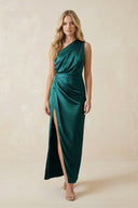One - Shoulder Satin Ruched Sheath Bridesmaid Dress in Emerald - KissProm Bridesmaid Dresses