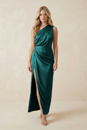 One - Shoulder Satin Ruched Sheath Bridesmaid Dress in Emerald - KissProm Bridesmaid Dresses