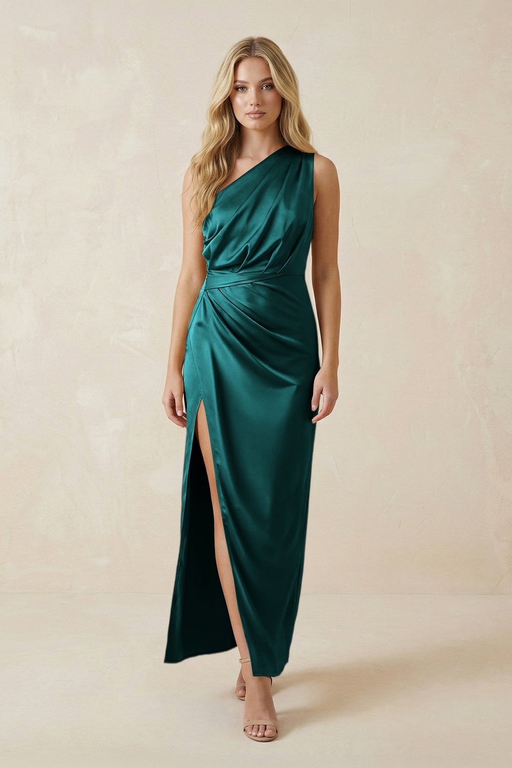 One - Shoulder Satin Ruched Sheath Bridesmaid Dress in Emerald - KissProm Bridesmaid Dresses