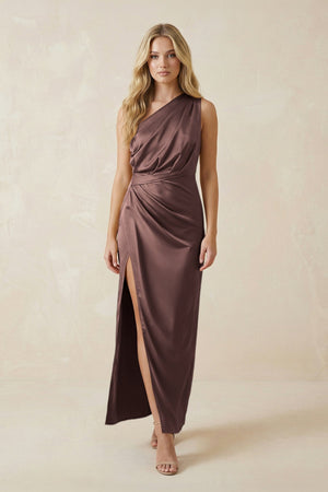One - Shoulder Satin Ruched Sheath Bridesmaid Dress in Espresso - KissProm Bridesmaid Dresses