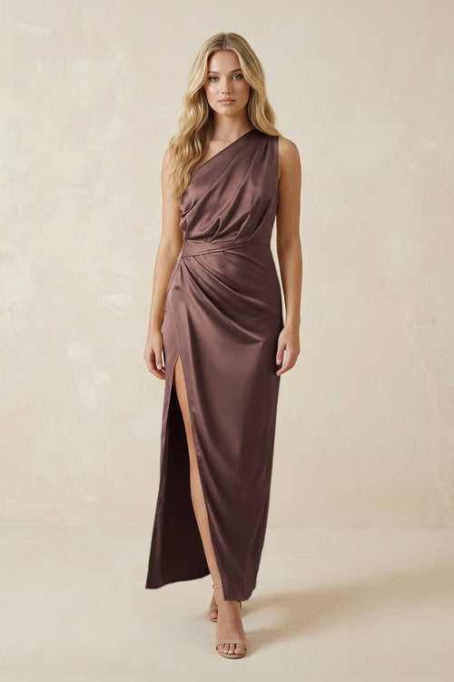 One - Shoulder Satin Ruched Sheath Bridesmaid Dress in Espresso - KissProm Bridesmaid Dresses