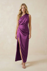 One - Shoulder Satin Ruched Sheath Bridesmaid Dress in Fig - KissProm Bridesmaid Dresses