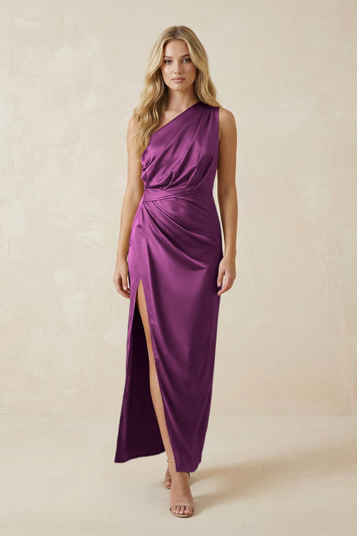 One - Shoulder Satin Ruched Sheath Bridesmaid Dress in Fig - KissProm Bridesmaid Dresses