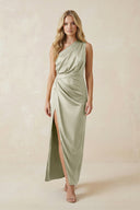 One - Shoulder Satin Ruched Sheath Bridesmaid Dress in Frost - KissProm Bridesmaid Dresses