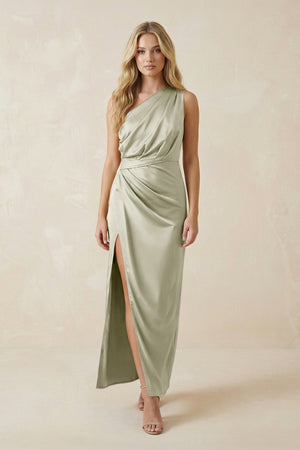 One - Shoulder Satin Ruched Sheath Bridesmaid Dress in Frost - KissProm Bridesmaid Dresses