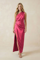 One - Shoulder Satin Ruched Sheath Bridesmaid Dress in Fuchsia - KissProm Bridesmaid Dresses