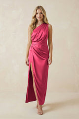 One - Shoulder Satin Ruched Sheath Bridesmaid Dress in Fuchsia - KissProm Bridesmaid Dresses