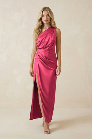 One - Shoulder Satin Ruched Sheath Bridesmaid Dress in Fuchsia - KissProm Bridesmaid Dresses