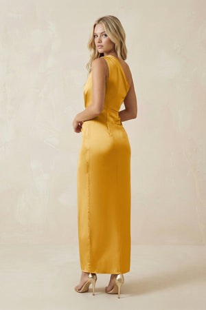 One - Shoulder Satin Ruched Sheath Bridesmaid Dress in Gold - KissProm Bridesmaid Dresses