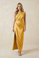 One - Shoulder Satin Ruched Sheath Bridesmaid Dress in Gold - KissProm Bridesmaid Dresses