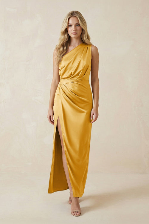 One - Shoulder Satin Ruched Sheath Bridesmaid Dress in Gold - KissProm Bridesmaid Dresses
