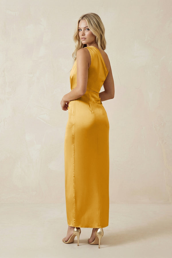 One - Shoulder Satin Ruched Sheath Bridesmaid Dress in Gold - KissProm Bridesmaid Dresses