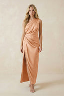 One - Shoulder Satin Ruched Sheath Bridesmaid Dress in Golden Champagne - KissProm Bridesmaid Dresses
