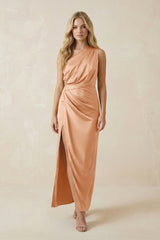 One - Shoulder Satin Ruched Sheath Bridesmaid Dress in Golden Champagne - KissProm Bridesmaid Dresses