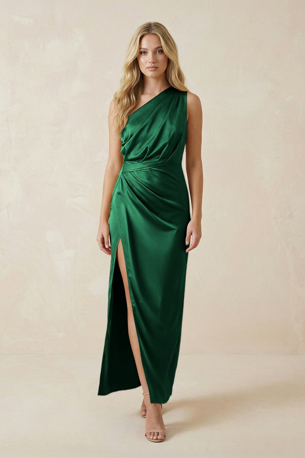 One - Shoulder Satin Ruched Sheath Bridesmaid Dress in Green - KissProm Bridesmaid Dresses