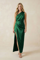 One - Shoulder Satin Ruched Sheath Bridesmaid Dress in Green - KissProm Bridesmaid Dresses