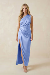 One - Shoulder Satin Ruched Sheath Bridesmaid Dress in Ice - KissProm Bridesmaid Dresses