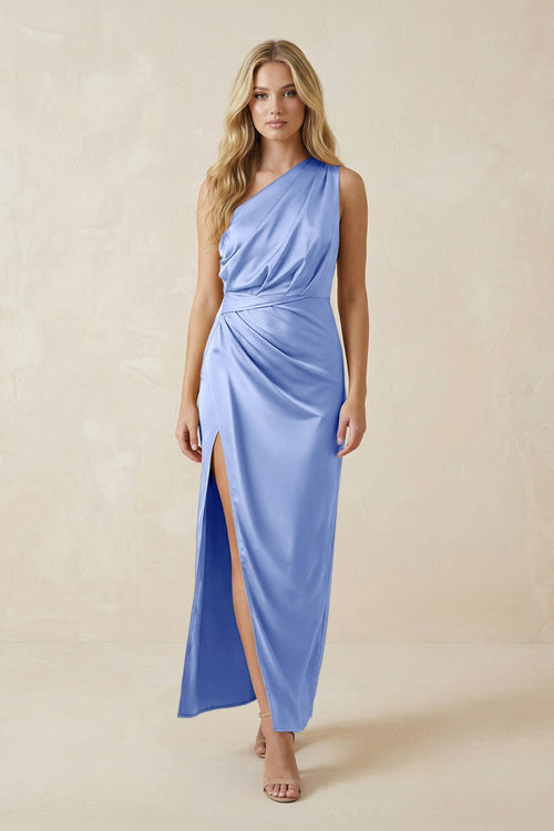 One - Shoulder Satin Ruched Sheath Bridesmaid Dress in Ice - KissProm Bridesmaid Dresses