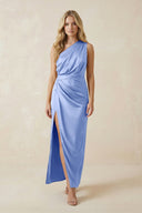 One - Shoulder Satin Ruched Sheath Bridesmaid Dress in Ice - KissProm Bridesmaid Dresses