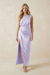 One - Shoulder Satin Ruched Sheath Bridesmaid Dress in Lavender - KissProm Bridesmaid Dresses