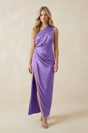 One - Shoulder Satin Ruched Sheath Bridesmaid Dress in Lilac - KissProm Bridesmaid Dresses