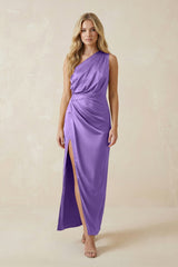 One - Shoulder Satin Ruched Sheath Bridesmaid Dress in Lilac - KissProm Bridesmaid Dresses