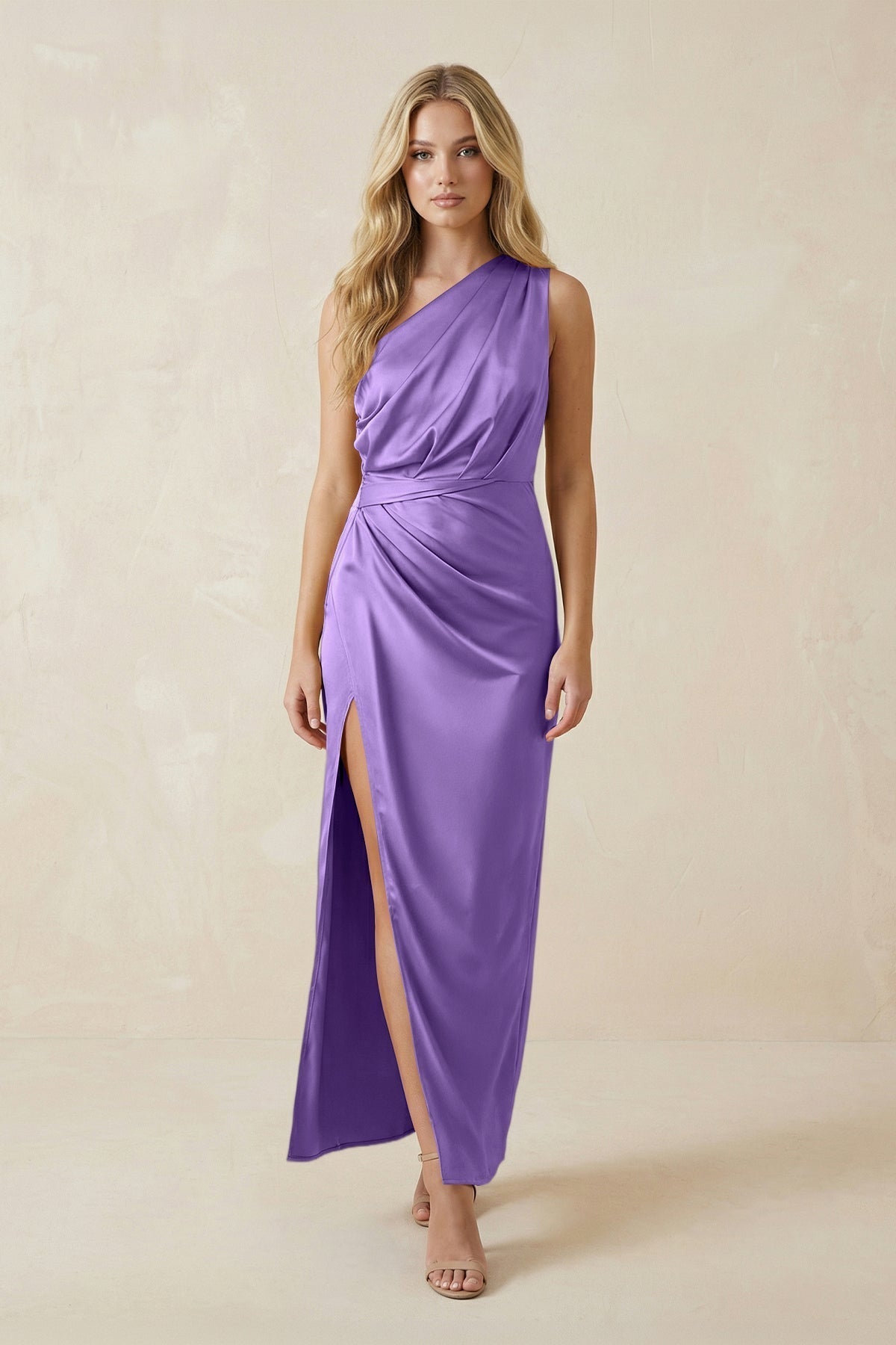 KissProm One-Shoulder Satin Ruched Sheath Bridesmaid Dress in Lilac, Lilac / 2