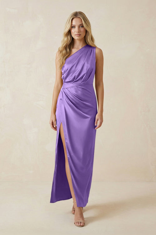 One - Shoulder Satin Ruched Sheath Bridesmaid Dress in Lilac - KissProm Bridesmaid Dresses