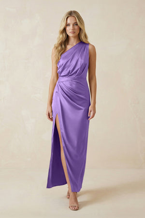 One - Shoulder Satin Ruched Sheath Bridesmaid Dress in Lilac - KissProm Bridesmaid Dresses
