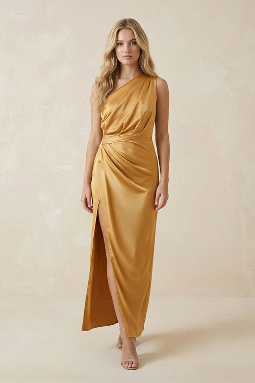 One - Shoulder Satin Ruched Sheath Bridesmaid Dress in Marigold - KissProm Bridesmaid Dresses