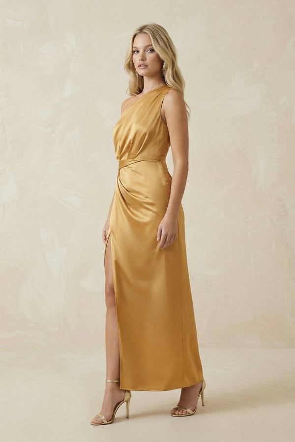 One - Shoulder Satin Ruched Sheath Bridesmaid Dress in Marigold - KissProm Bridesmaid Dresses