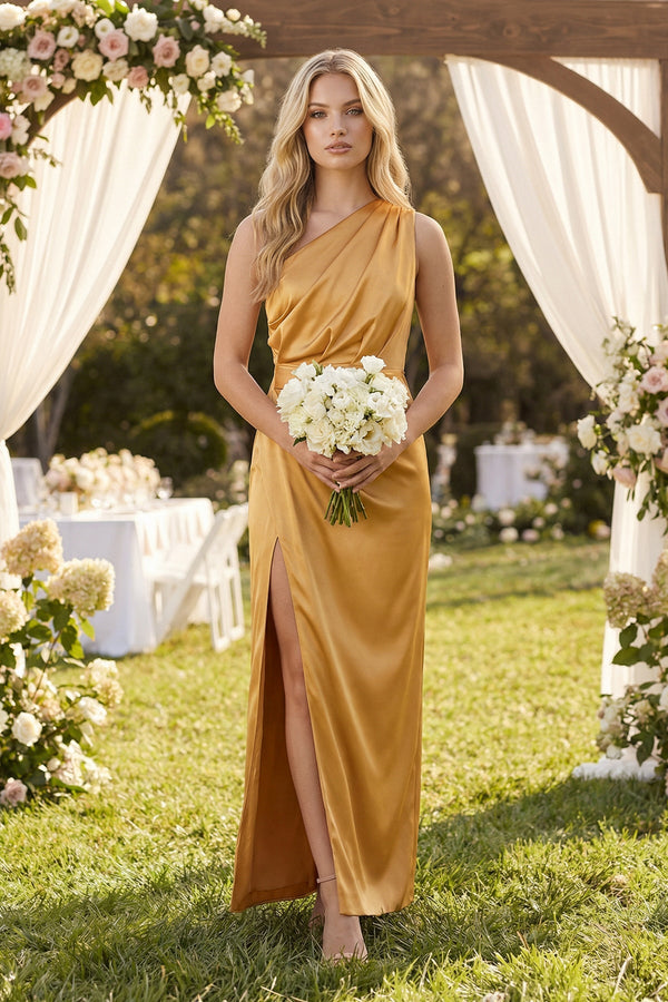One - Shoulder Satin Ruched Sheath Bridesmaid Dress in Marigold - KissProm Bridesmaid Dresses
