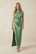 One - Shoulder Satin Ruched Sheath Bridesmaid Dress in Matcha - KissProm Bridesmaid Dresses