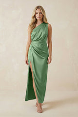 One - Shoulder Satin Ruched Sheath Bridesmaid Dress in Matcha - KissProm Bridesmaid Dresses
