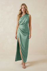 One - Shoulder Satin Ruched Sheath Bridesmaid Dress in Mint Green - KissProm Bridesmaid Dresses
